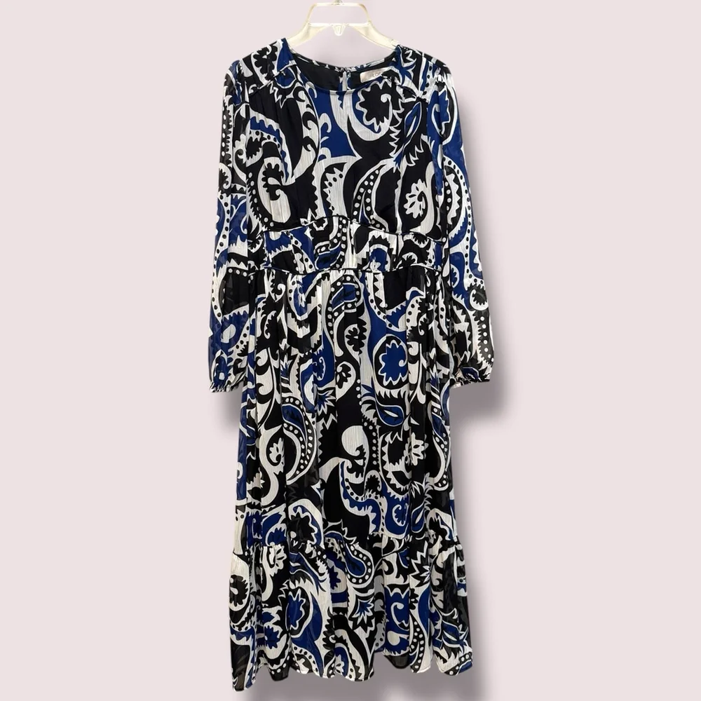 Loft Paisley Shirred Flounce Long Sleeve Midi Dress Tiered Blue White Size 8